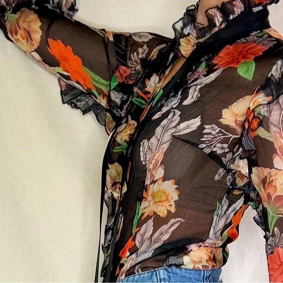 Jade & Cloud Sheer Button up Floral, Ruffle Black Bodysuit,  Size Small - Picture 11 of 15